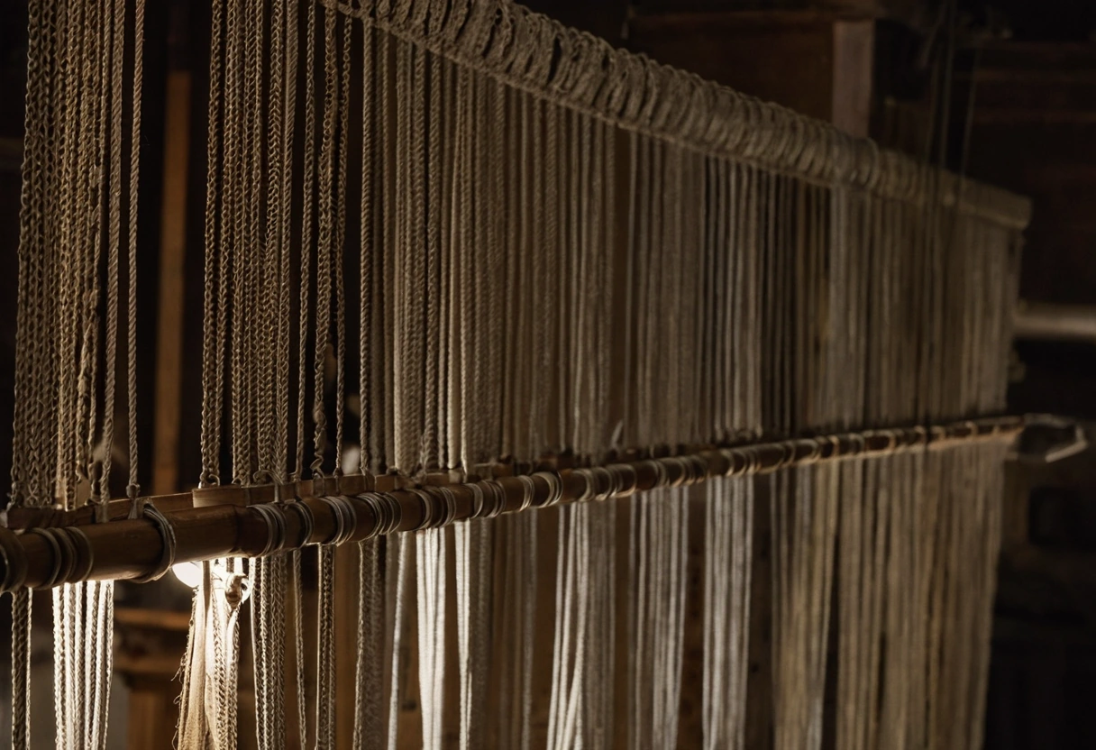 Punched cards laced into a continuous chain on the head of a jacquard loom, with the loom's harness and cords behind