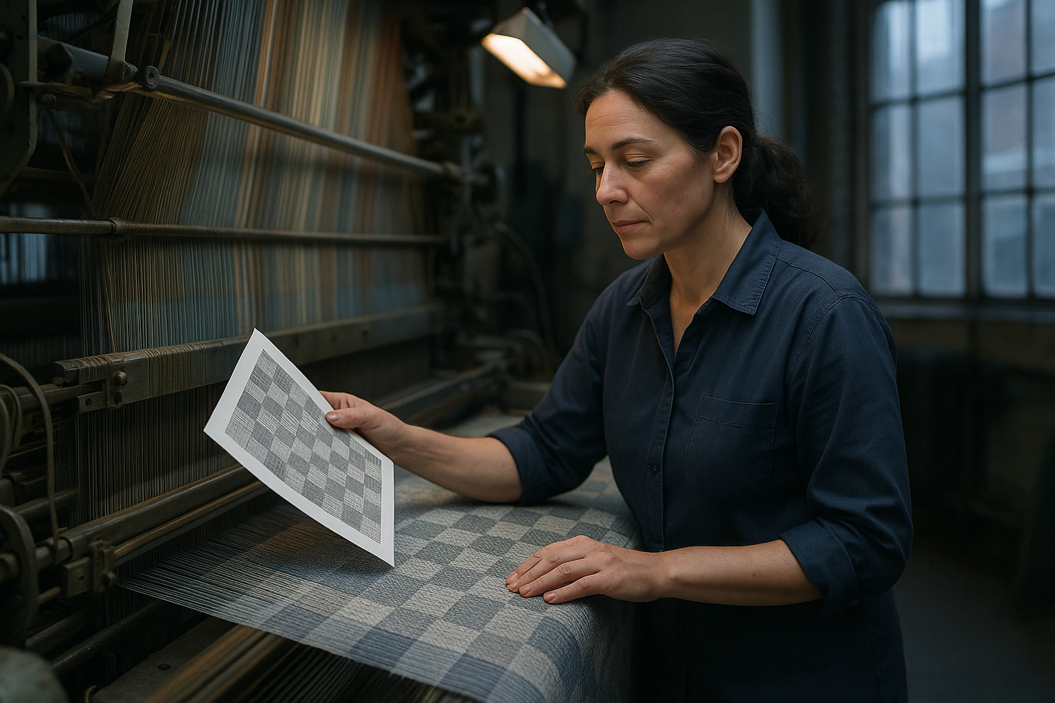A textile technician standing at a jacquard loom, checking a woven pattern against a printed sheet in a weaving mill