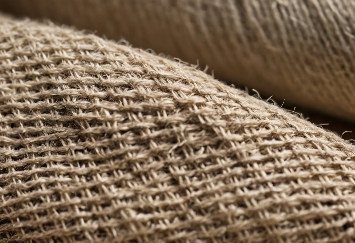Macro detail of slubby handwoven linen with visible knots, uneven natural dyeing and an exposed seam
