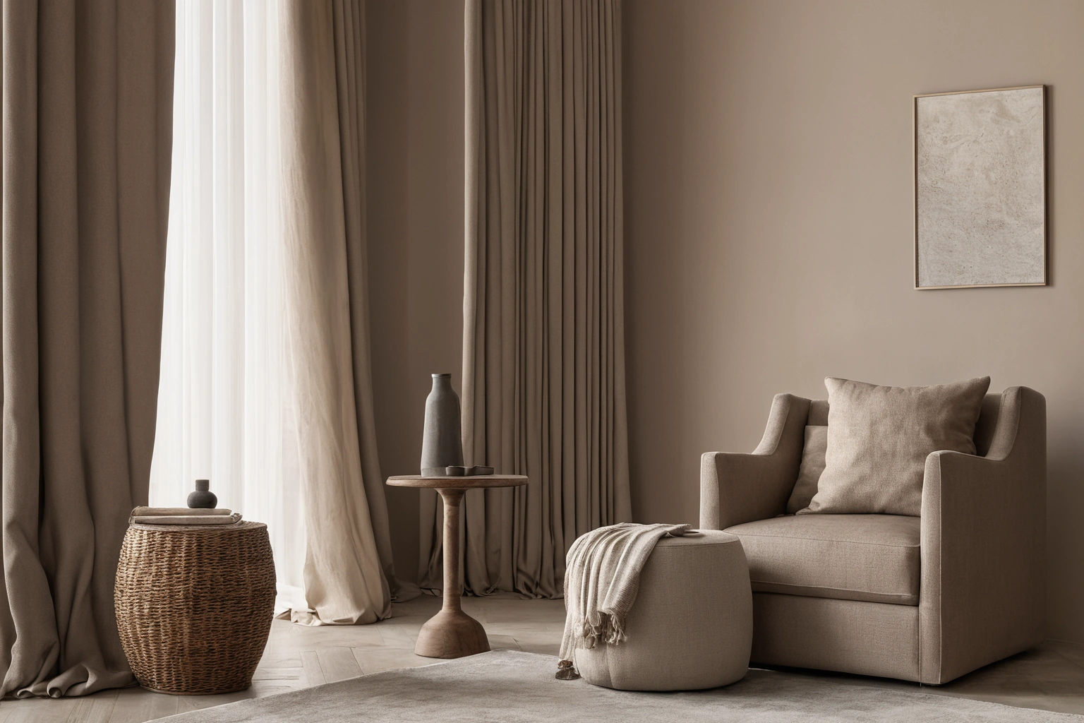 Interior corner of a luxury living room with heavy woven drapery and an upholstered armchair in natural sand and clay tones