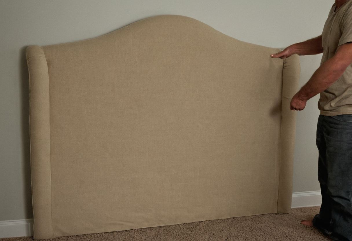 Install the upholstered headboard in a measured sequence that protects the load path editorial visual